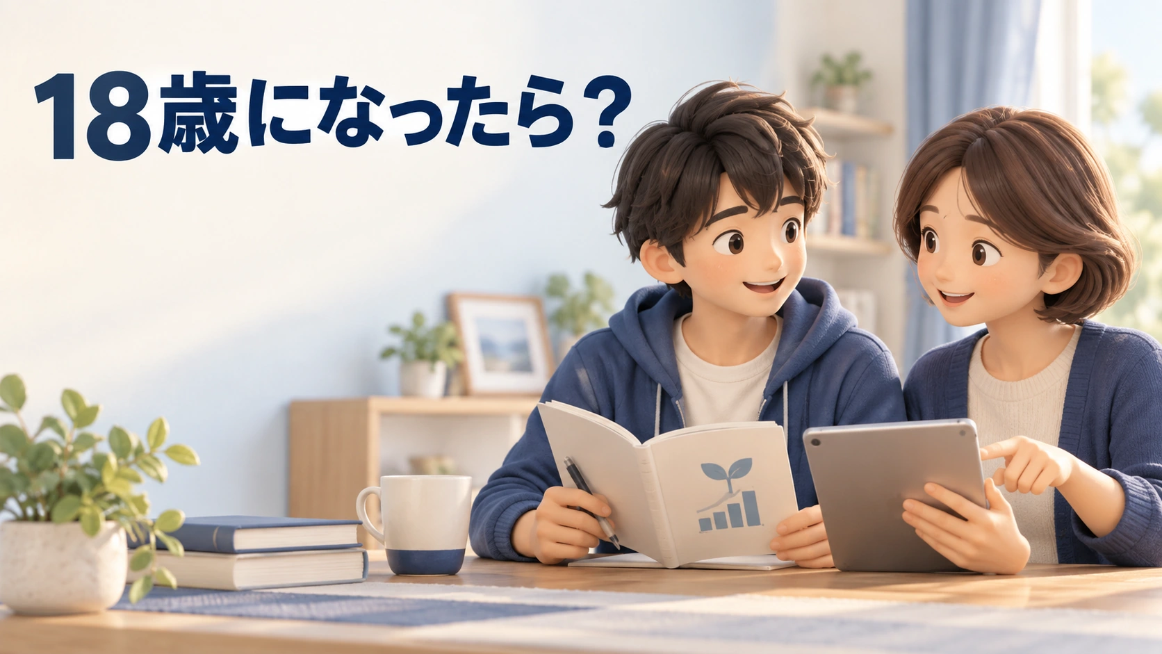 18歳を迎える子どもと、こどもNISAの引き継ぎを確認する親子。