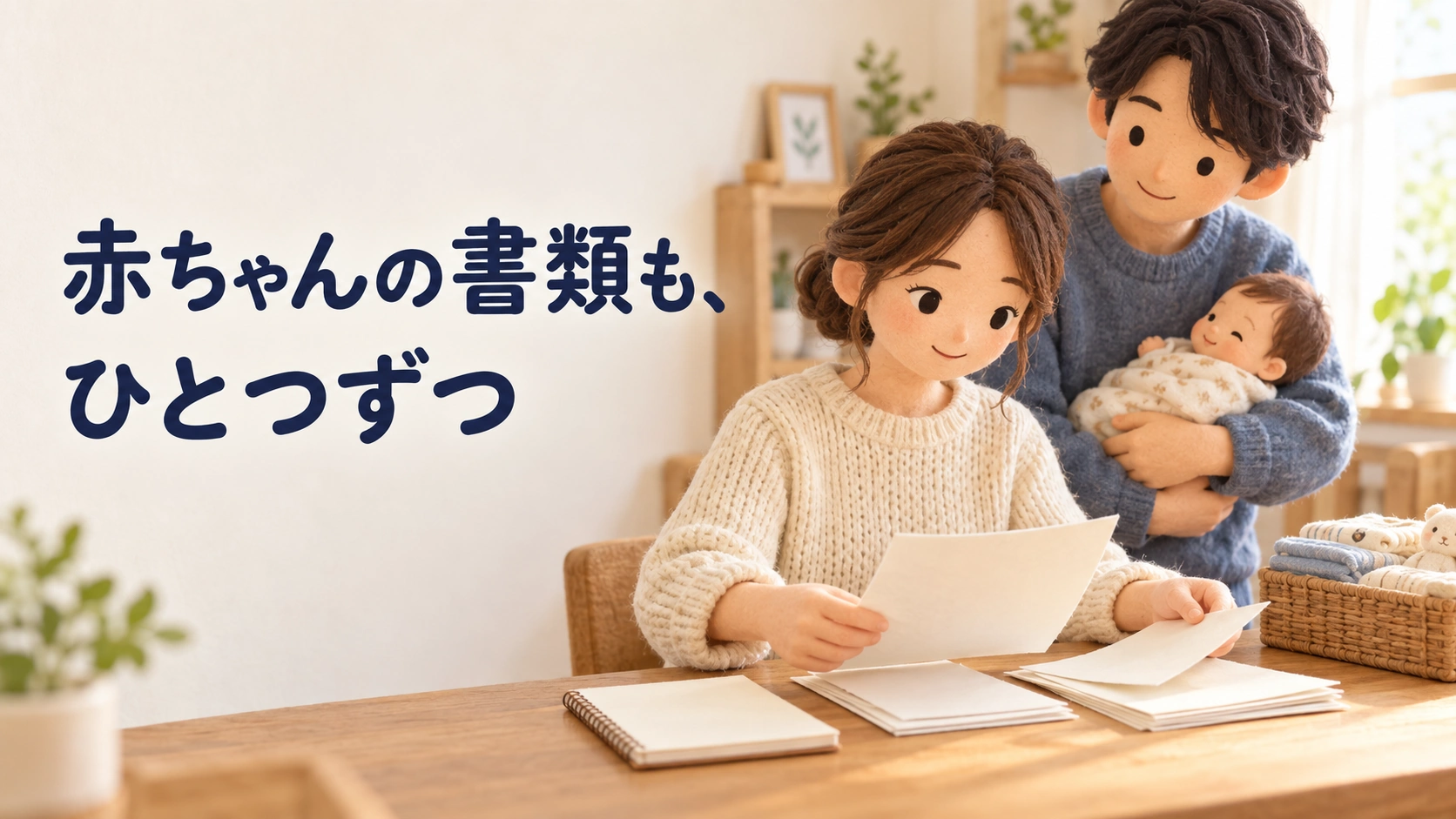 赤ちゃんの口座に必要な書類を、机で整理する保護者。