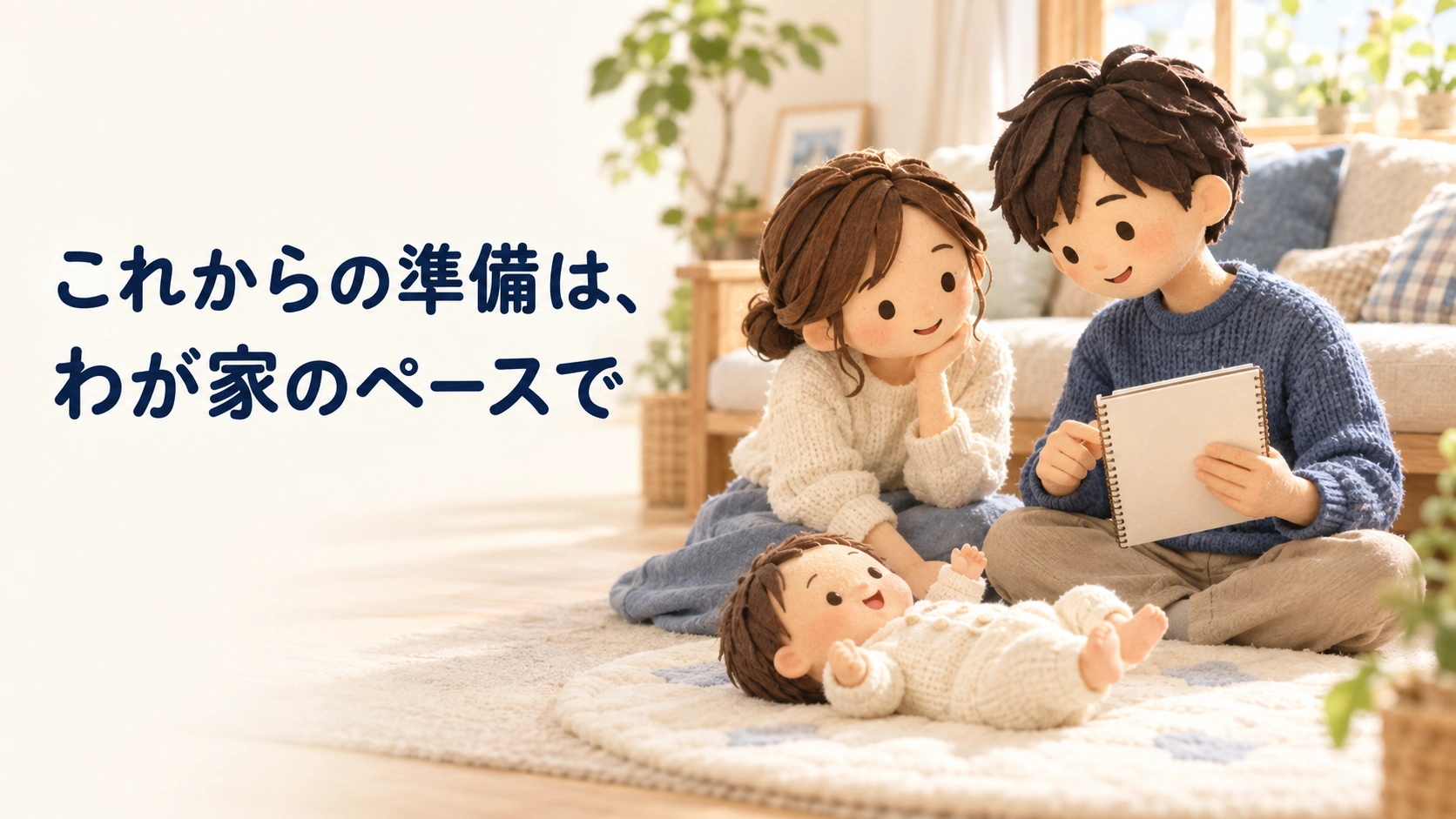 赤ちゃんのそばで、ノートを見ながら将来の準備を相談する両親。