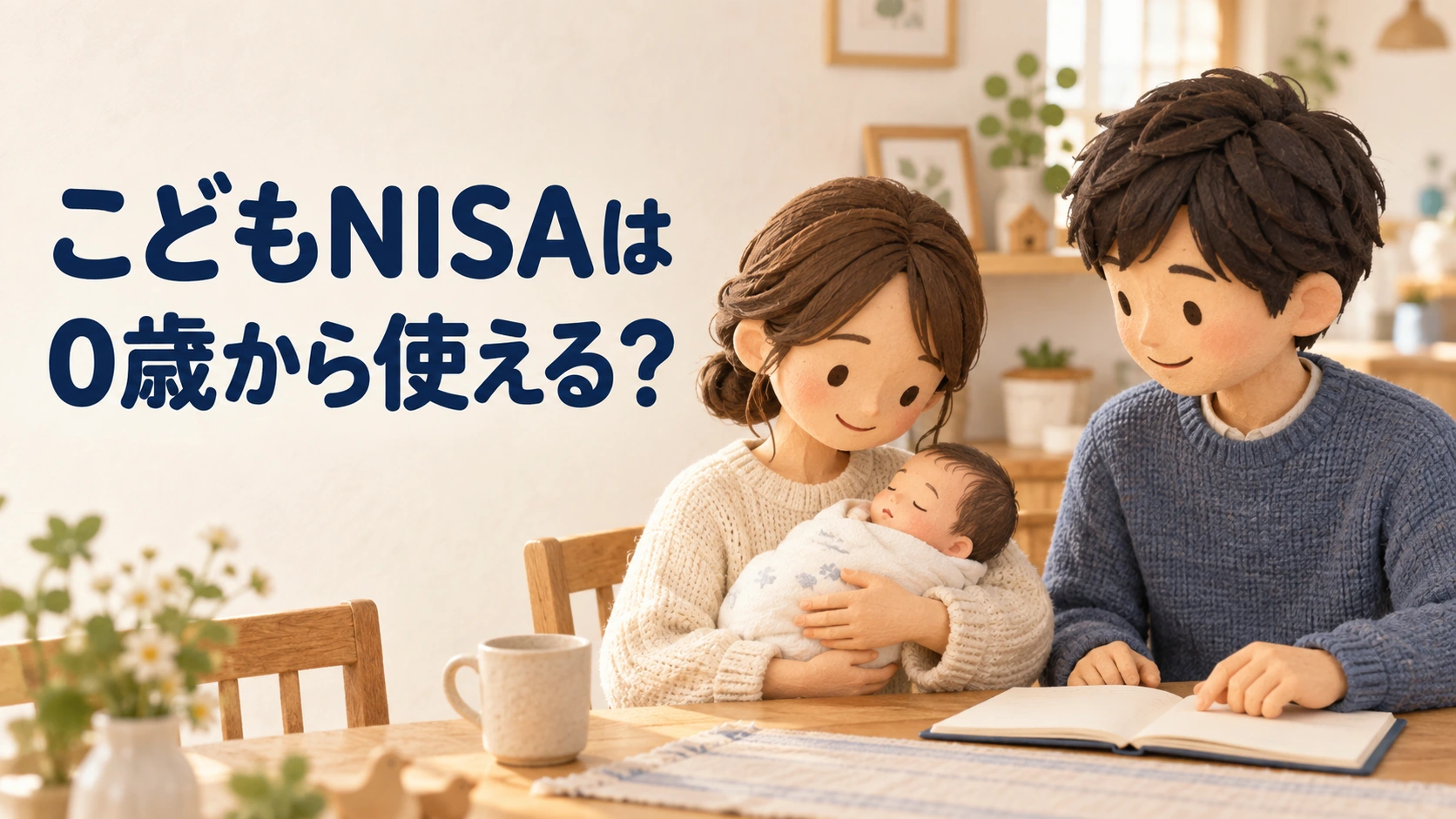 赤ちゃんを抱く親と、これからの口座準備を相談する家族。