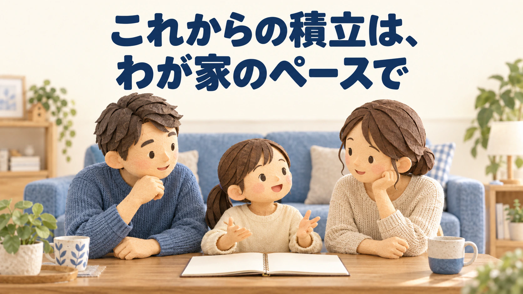 これからの積立と子どもの将来について、リビングで話す家族。