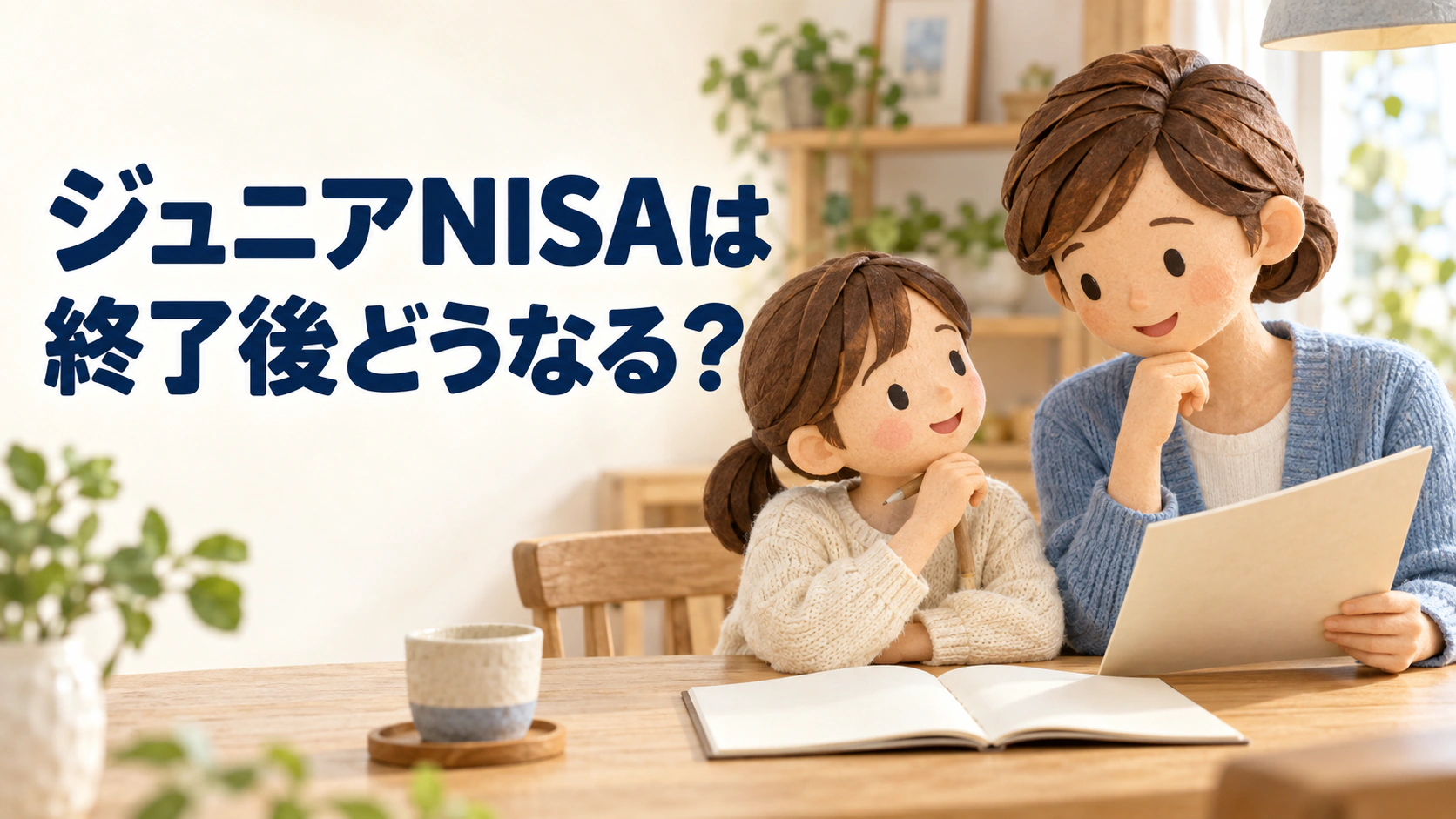 ジュニアNISAで保有している資産について、机で書類を見ながら話す親子。