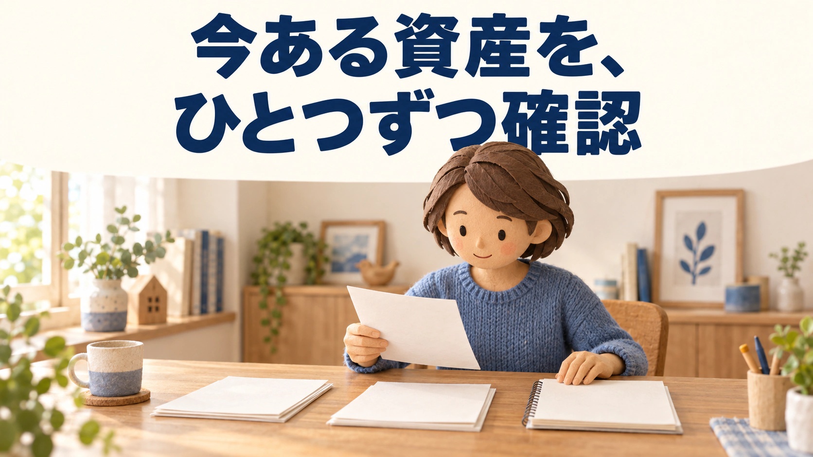 子どもの口座の書類と使う予定を整理する保護者。