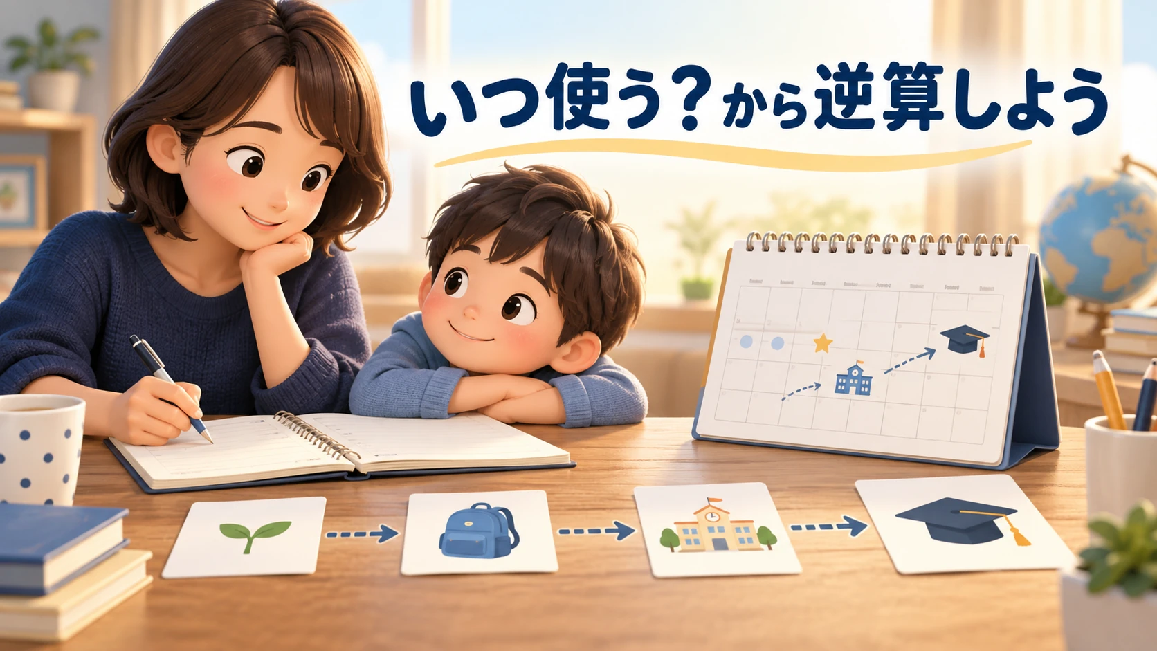 子どもの進学時期から必要な積立期間を逆算する保護者。