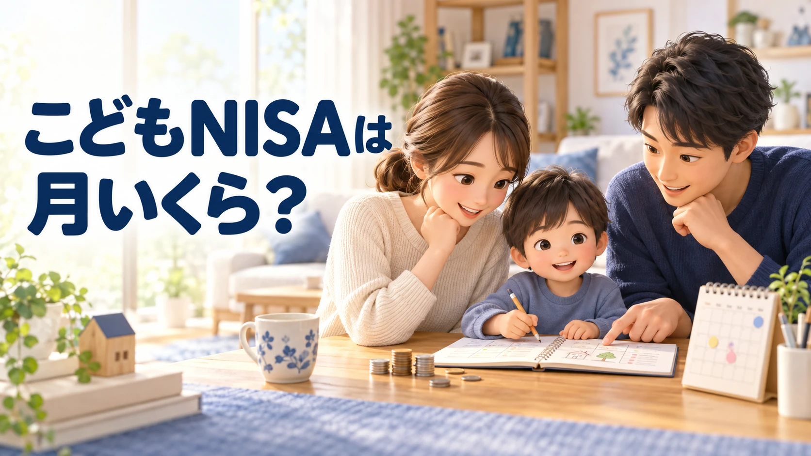 こどもNISAの毎月の積立額を、家族で相談している様子。