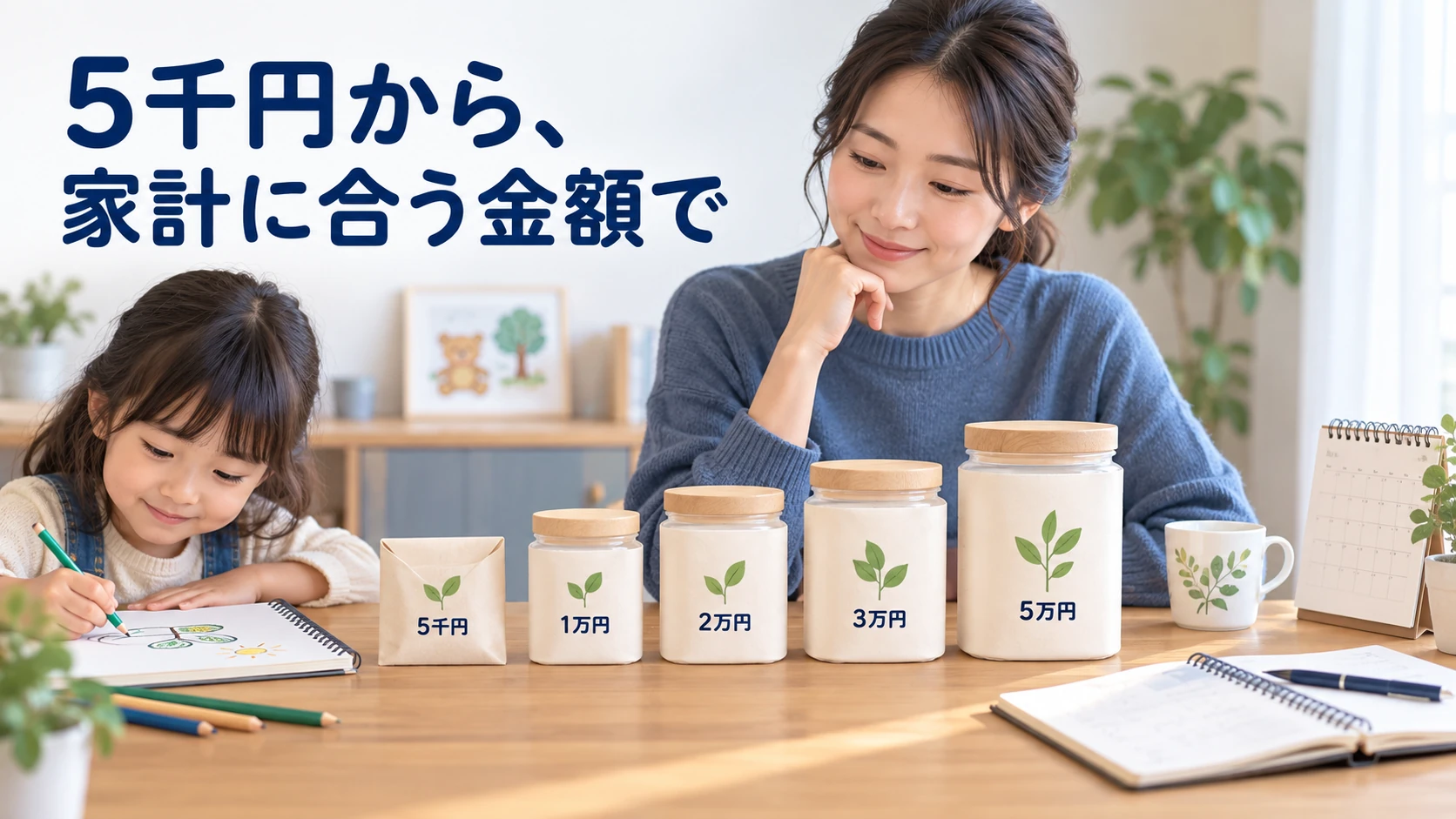 月5千円から5万円まで、家計に合う積立額を比べる親子。