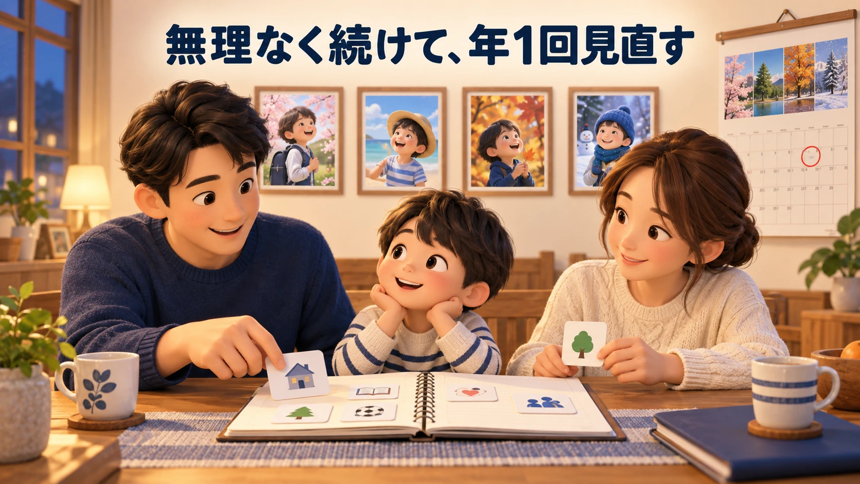 無理のない積立計画を家族で定期的に見直している様子。