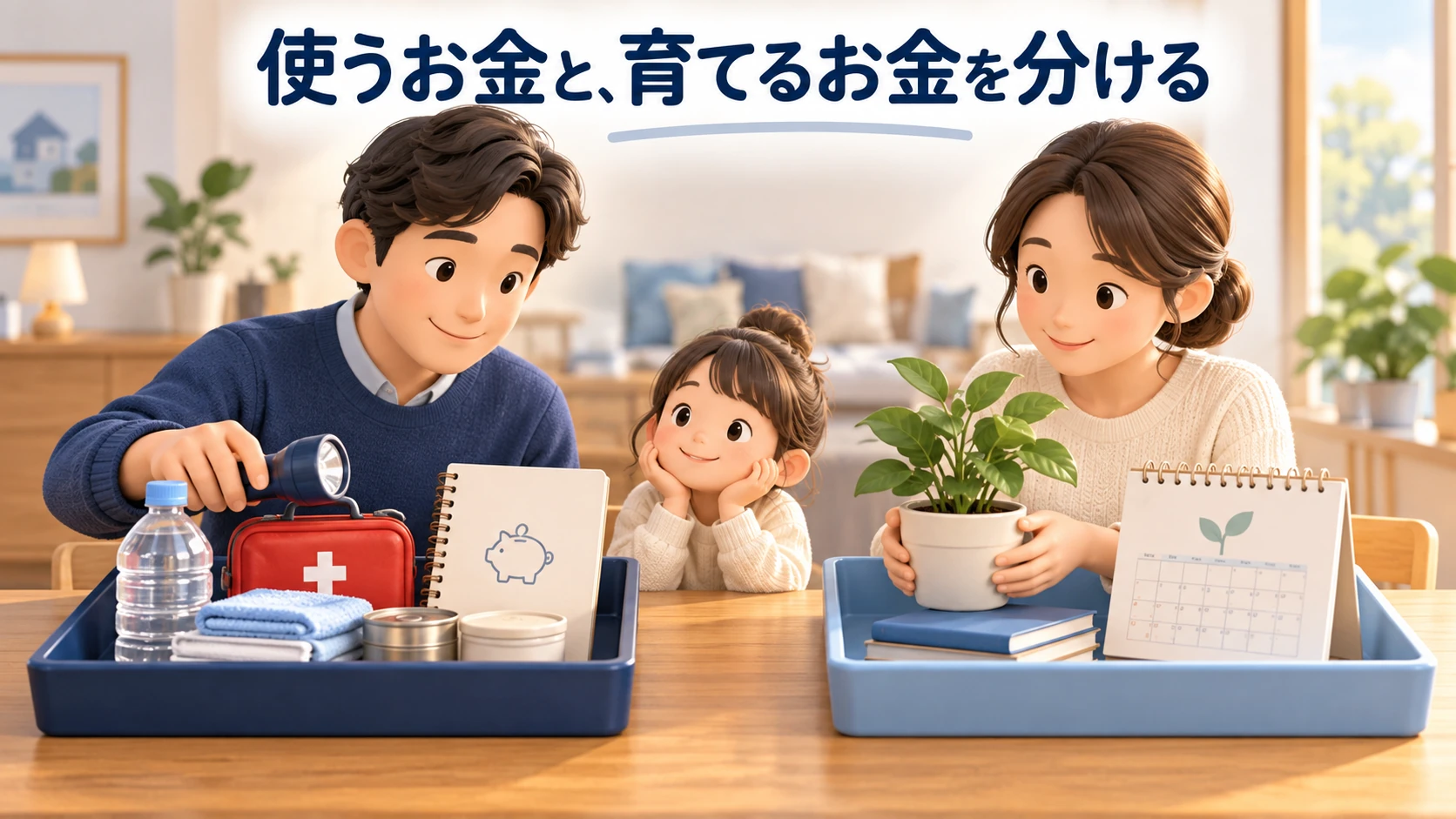近く使うお金と長く育てるお金を分けて整理する家族。