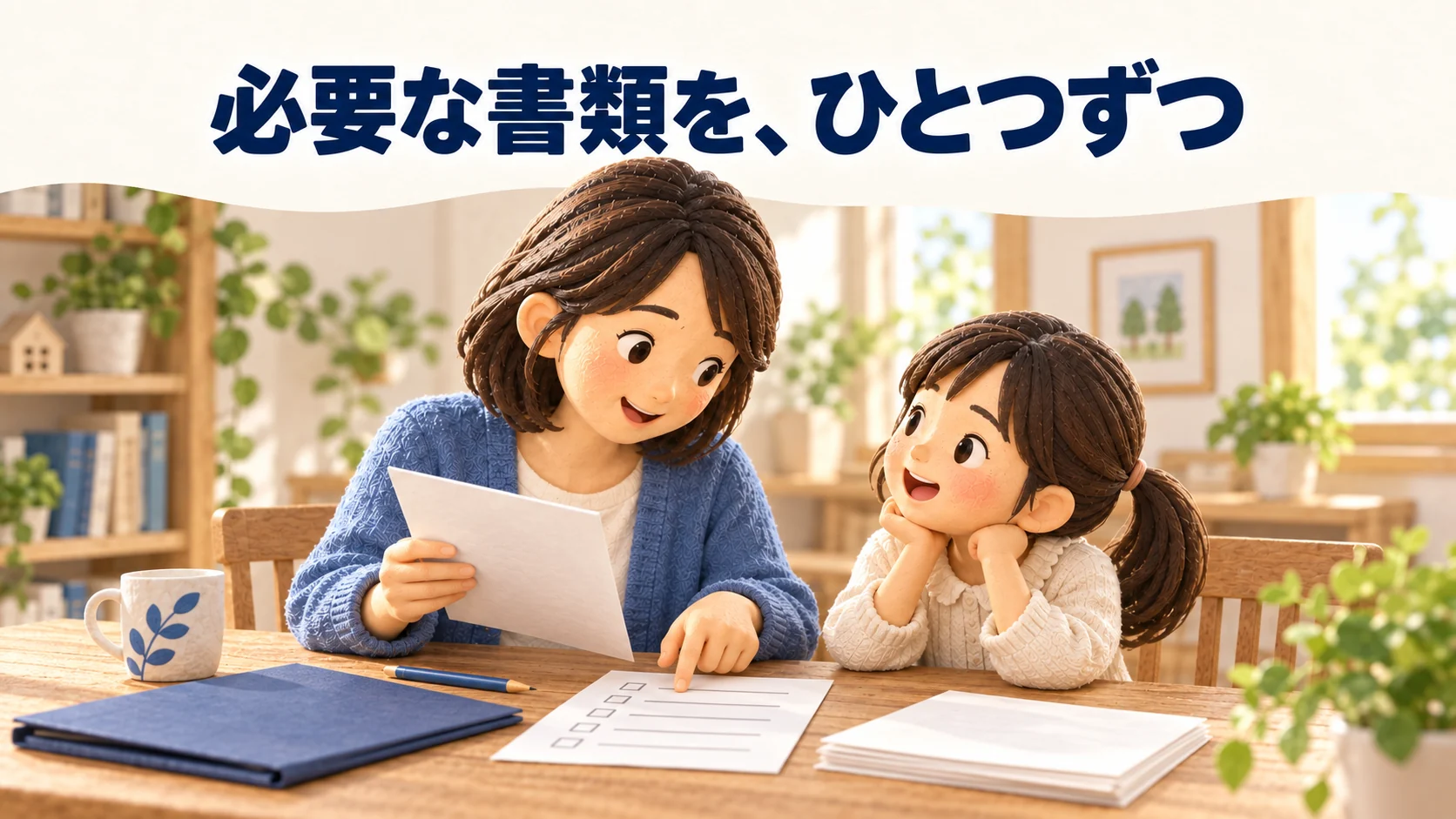 親子の口座に必要な書類を、案内を読みながらそろえる親。