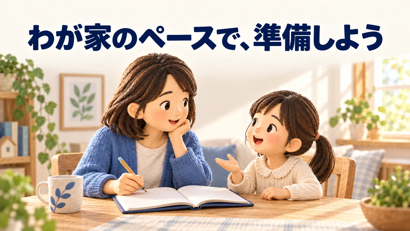急がずに口座の準備と家族の予算について話し合う親子。