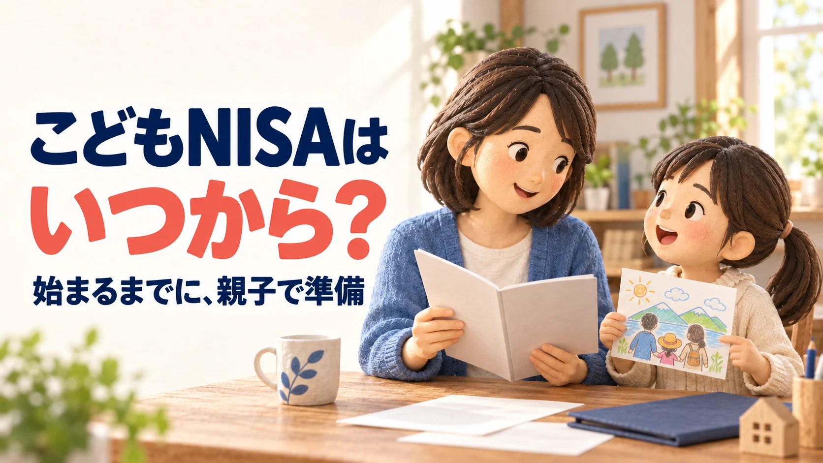 こどもNISAが始まるまでの準備について、机で予定と書類を見ながら話す親子。