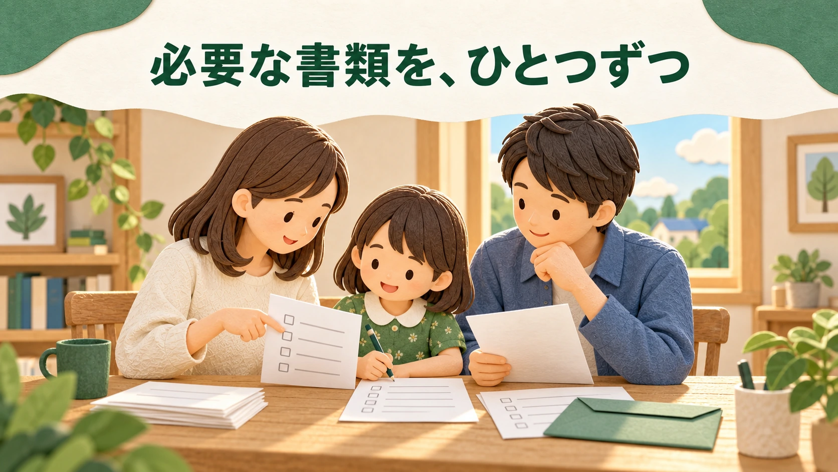 松井証券の未成年口座開設に向けて、家族で必要書類を確認するイラスト
