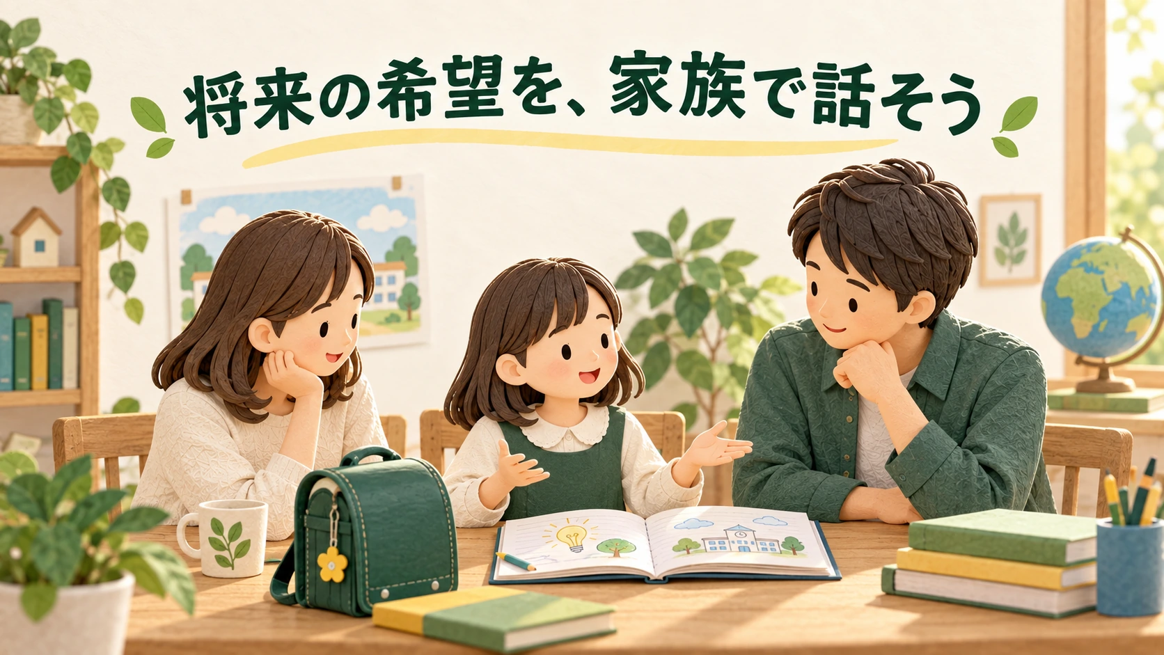 こどもNISAと教育費を考えながら、将来の希望について話し合う親子