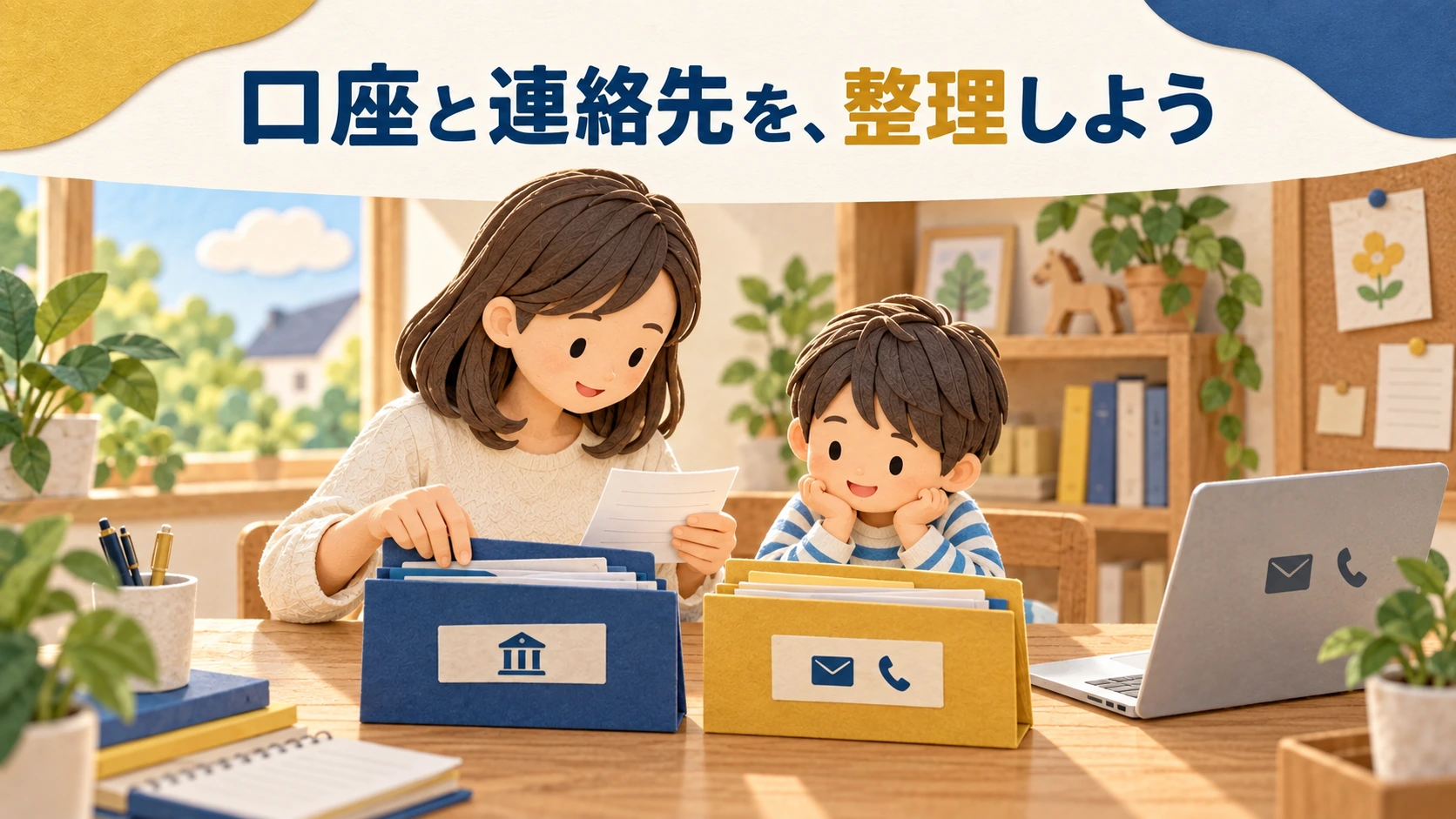 マネックス証券の未成年口座に備えて、親子で口座の書類と連絡先を整理するイラスト