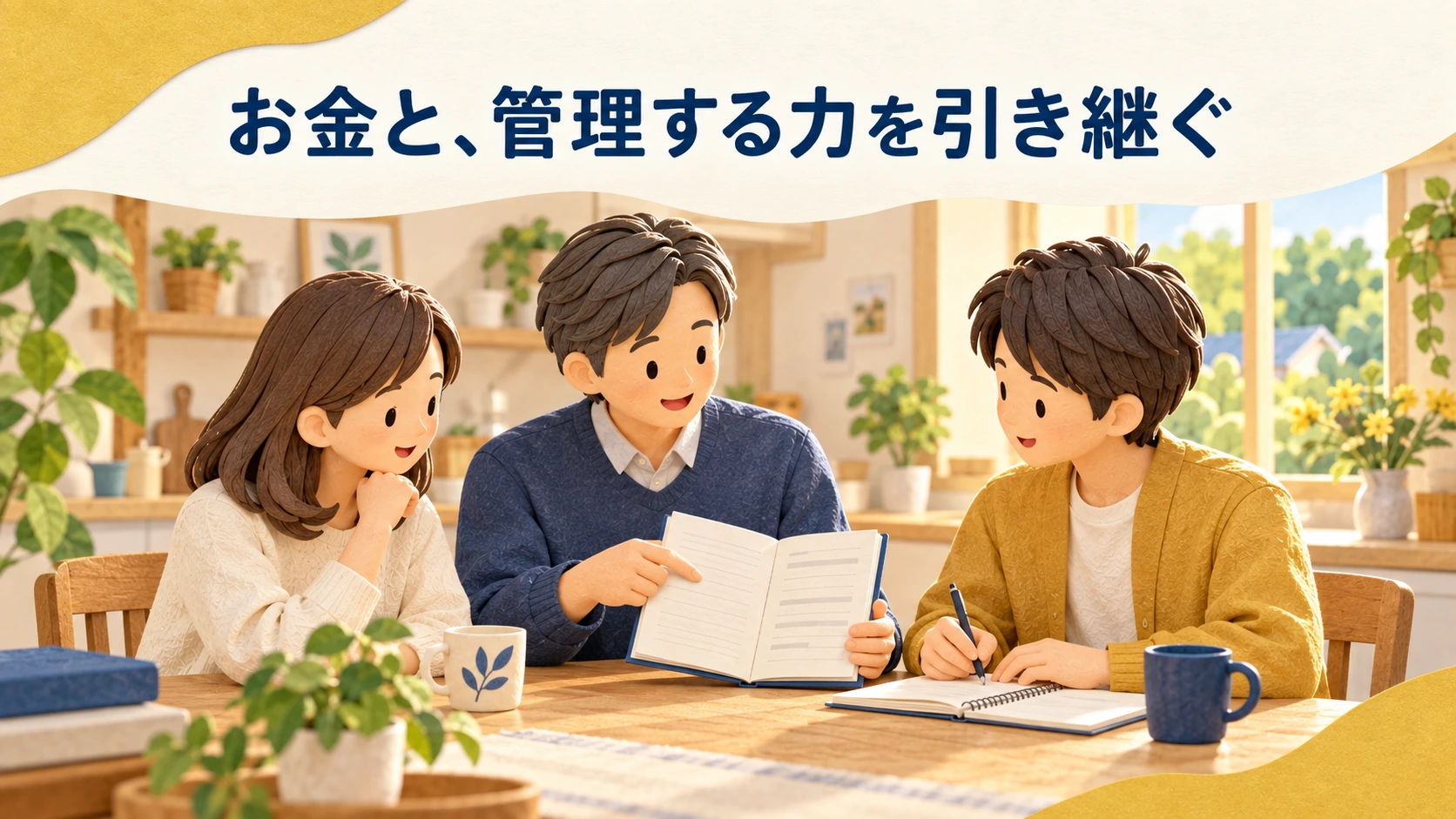 成長した子どもと親がノートを見ながら、資産の管理方法を話し合うイラスト